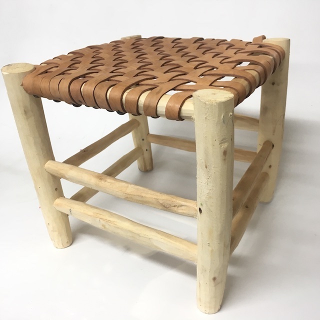 STOOL, Raw Timber w Leather Woven Seat 32cm H